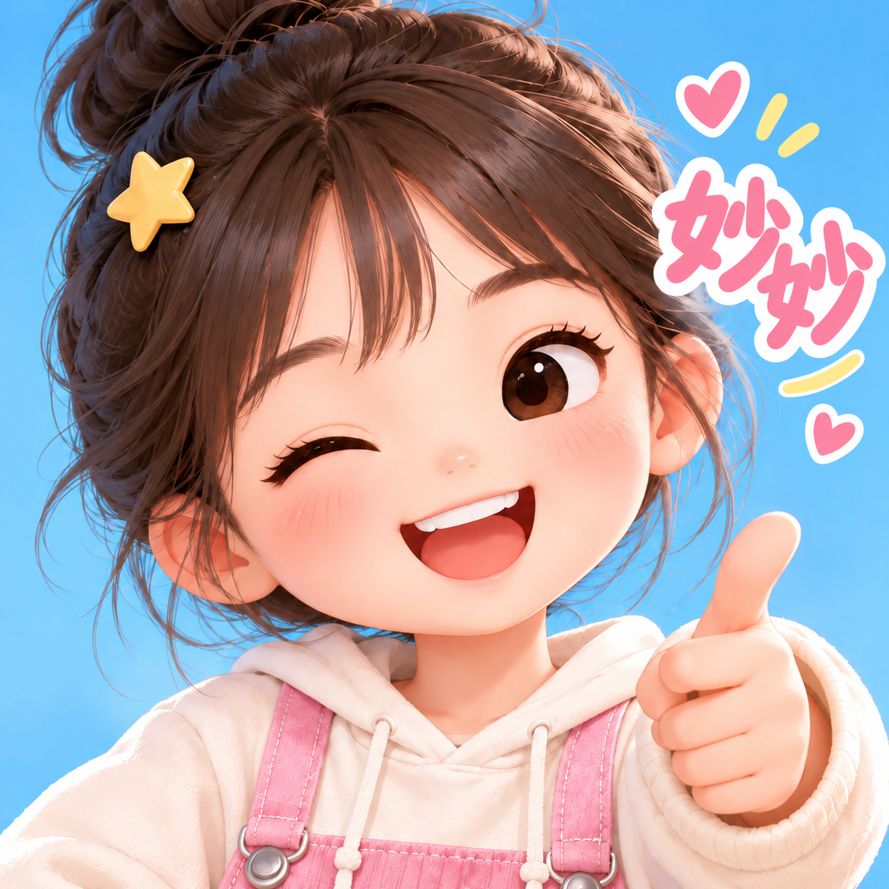 扎着丸子头、戴着星星发夹的妙妙，笑着竖起大拇指